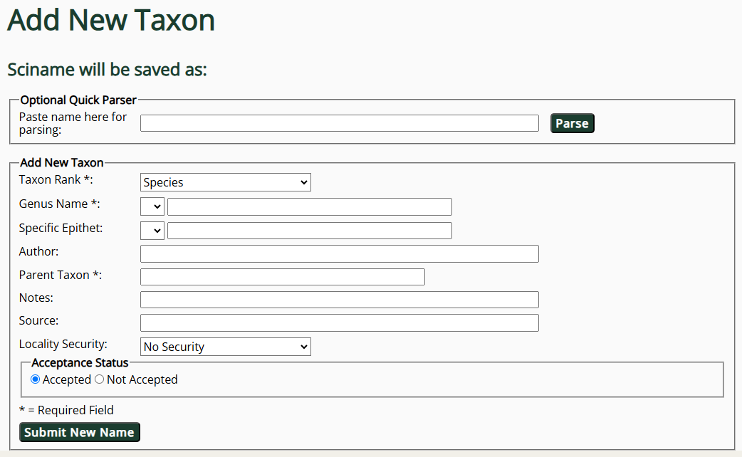 Taxon Data Entry Form