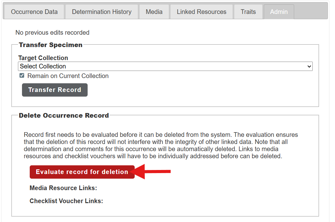 Admin tab of the Occurrence Editor