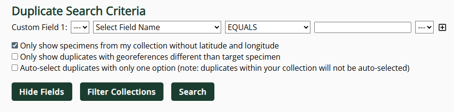 Duplicate Data Harvester search options