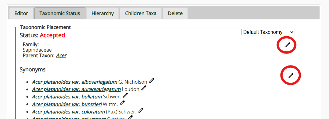 Edit Taxonomic Placement