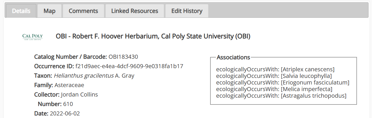 Example Taxon Observation Linkage