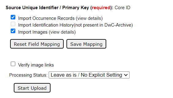 Darwin Core Import Profile Mapping Page