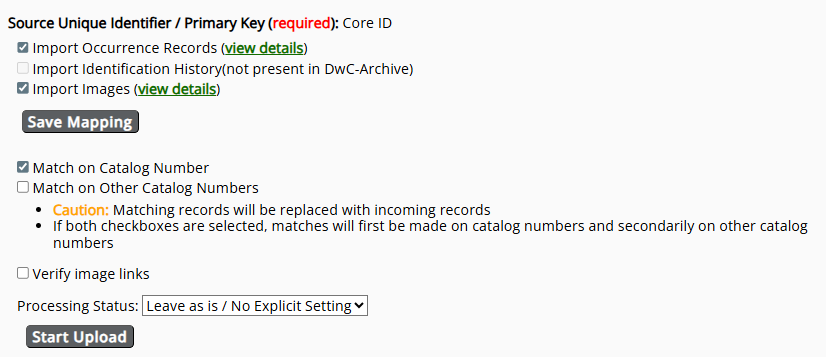 Darwin Core Import Profile Mapping Page