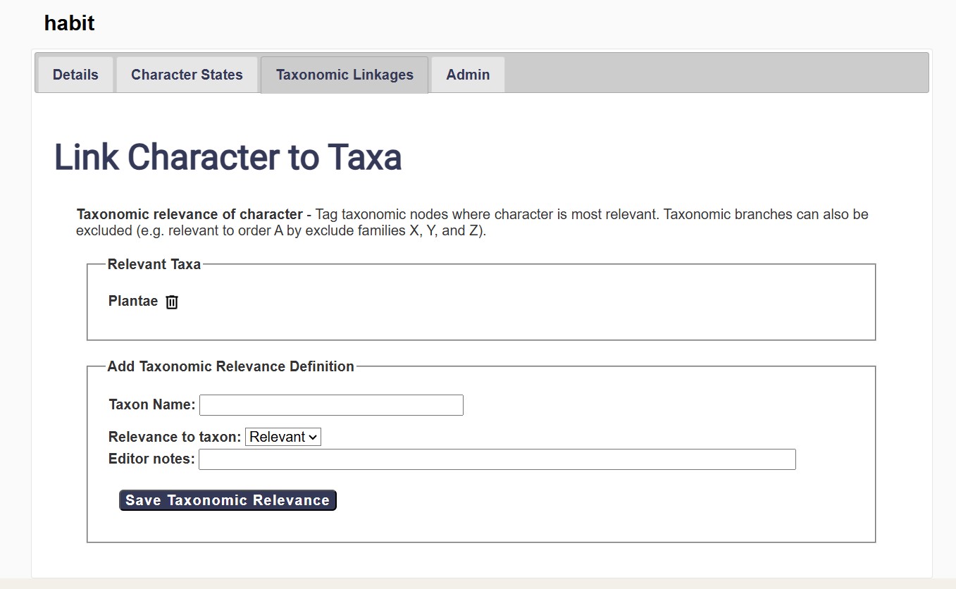 Page Liens taxonomiques de l'éditeur de caractères