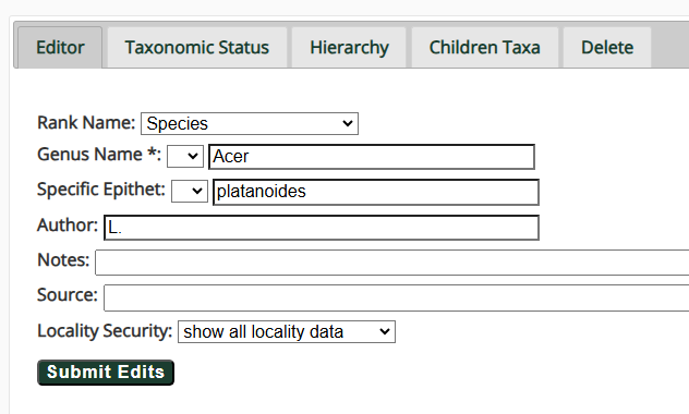 Taxon Editing Form