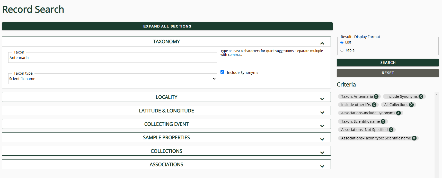 Symbiota 3.1 search interface